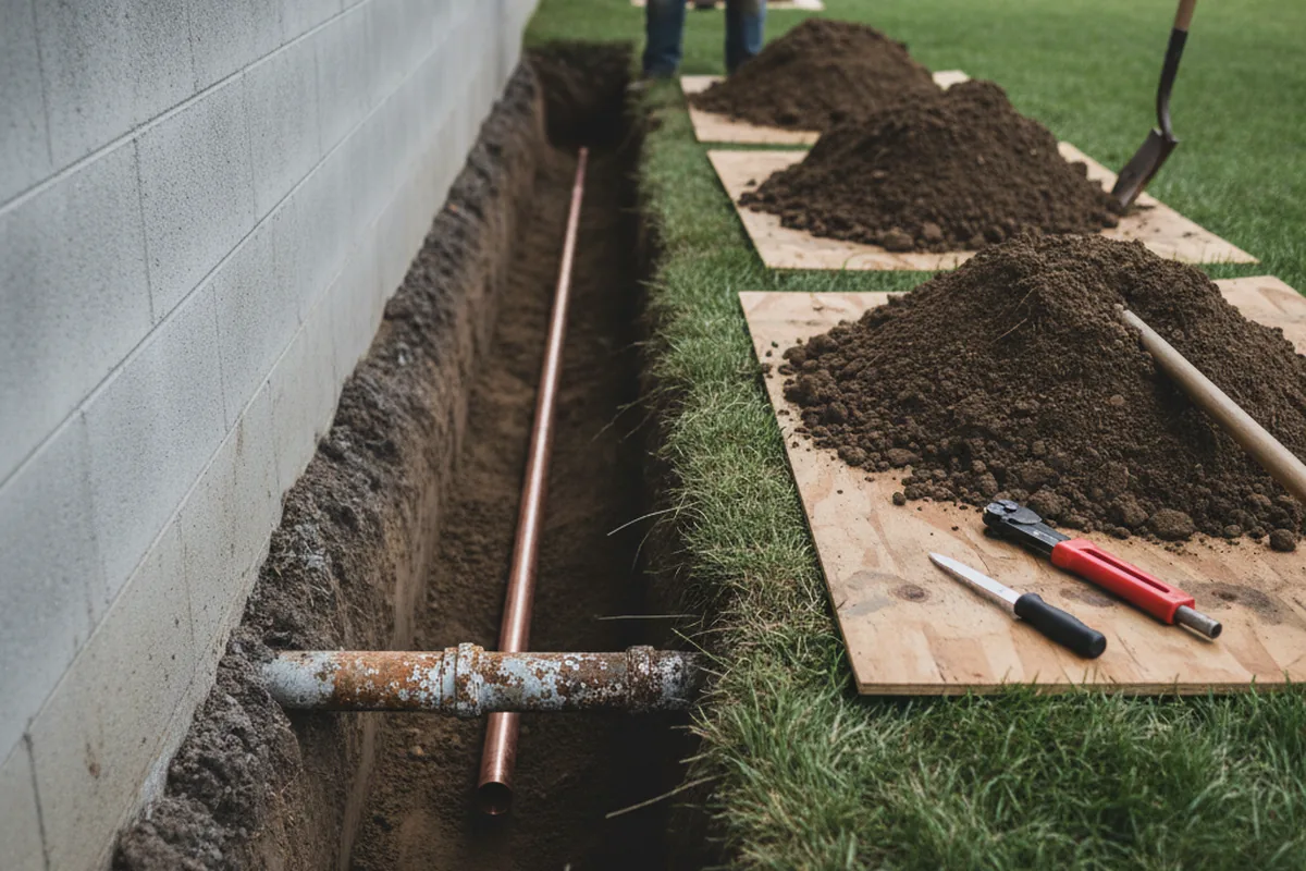 Excavated water line trench during Sewer Line Repair in Mill City